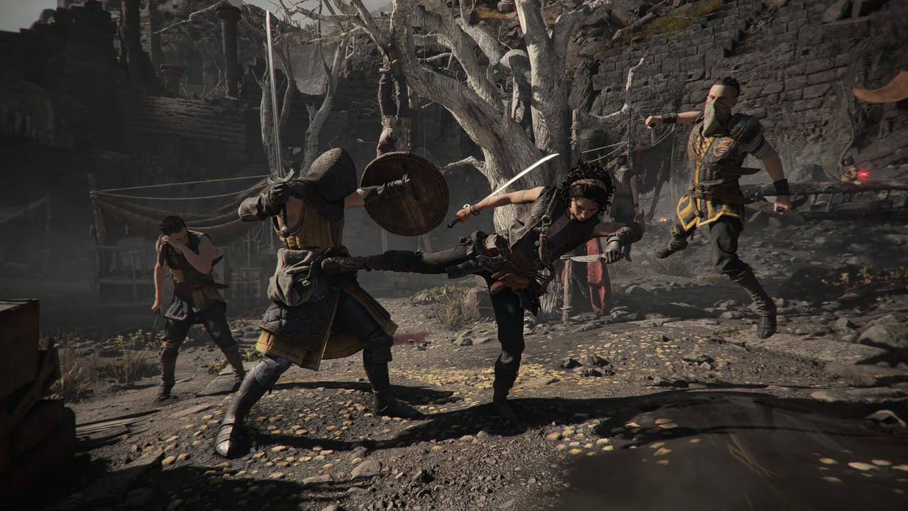 Sophia kicking a shielded soldier during melee combat in Resonance: A Plague Tale Legacy