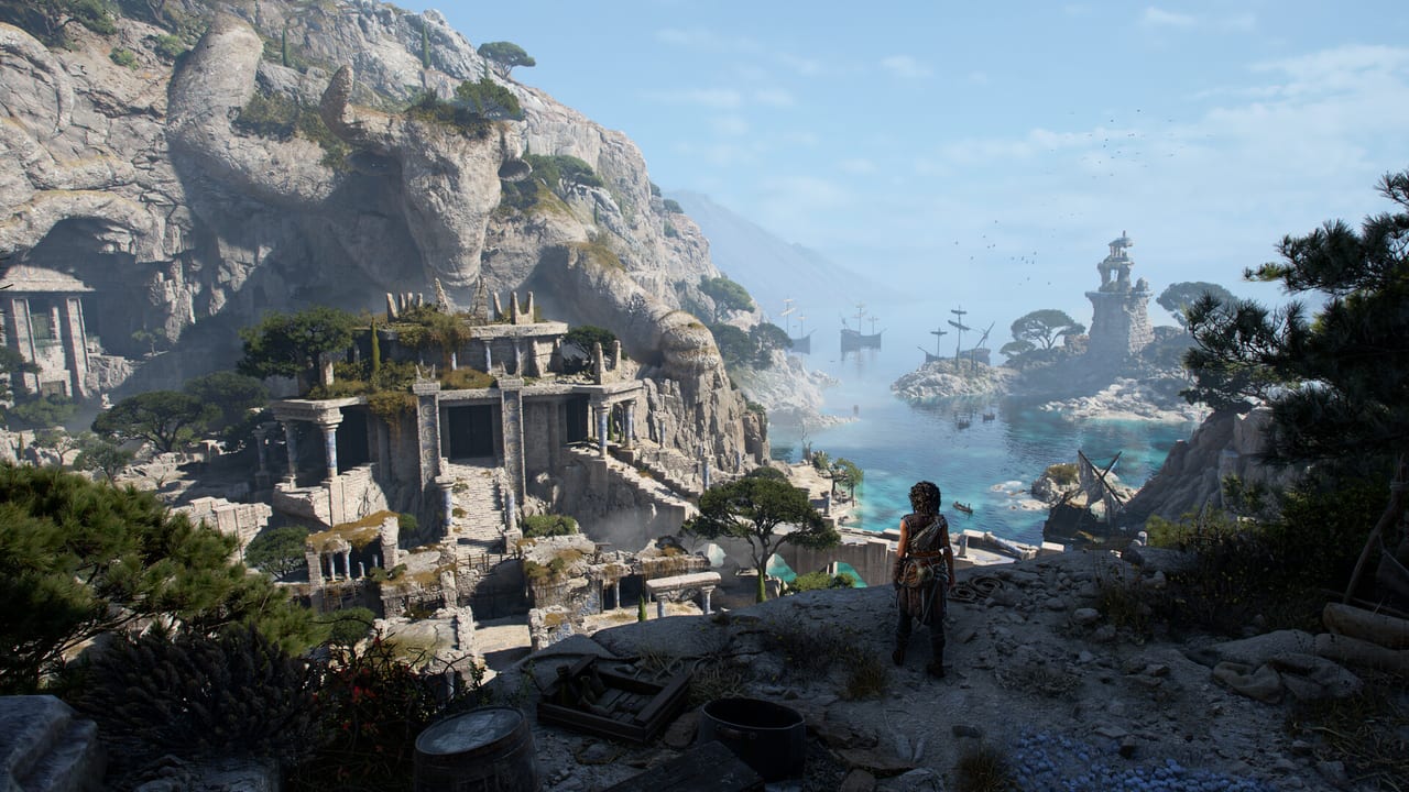 Sophia overlooking Minoan cliff palaces and the sea on Minotaur Island